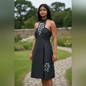 Simon Chang Luxury Black Strapless Dress with White Floral Design